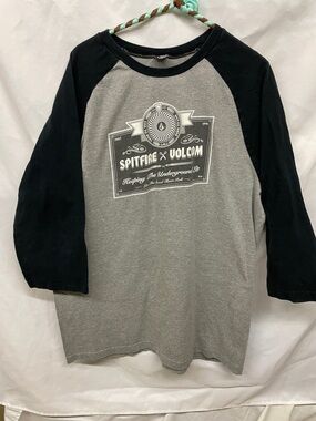 Vintage Volcom / Spitfire Grey Baseball Tee with Bold White Spitfire Graphic